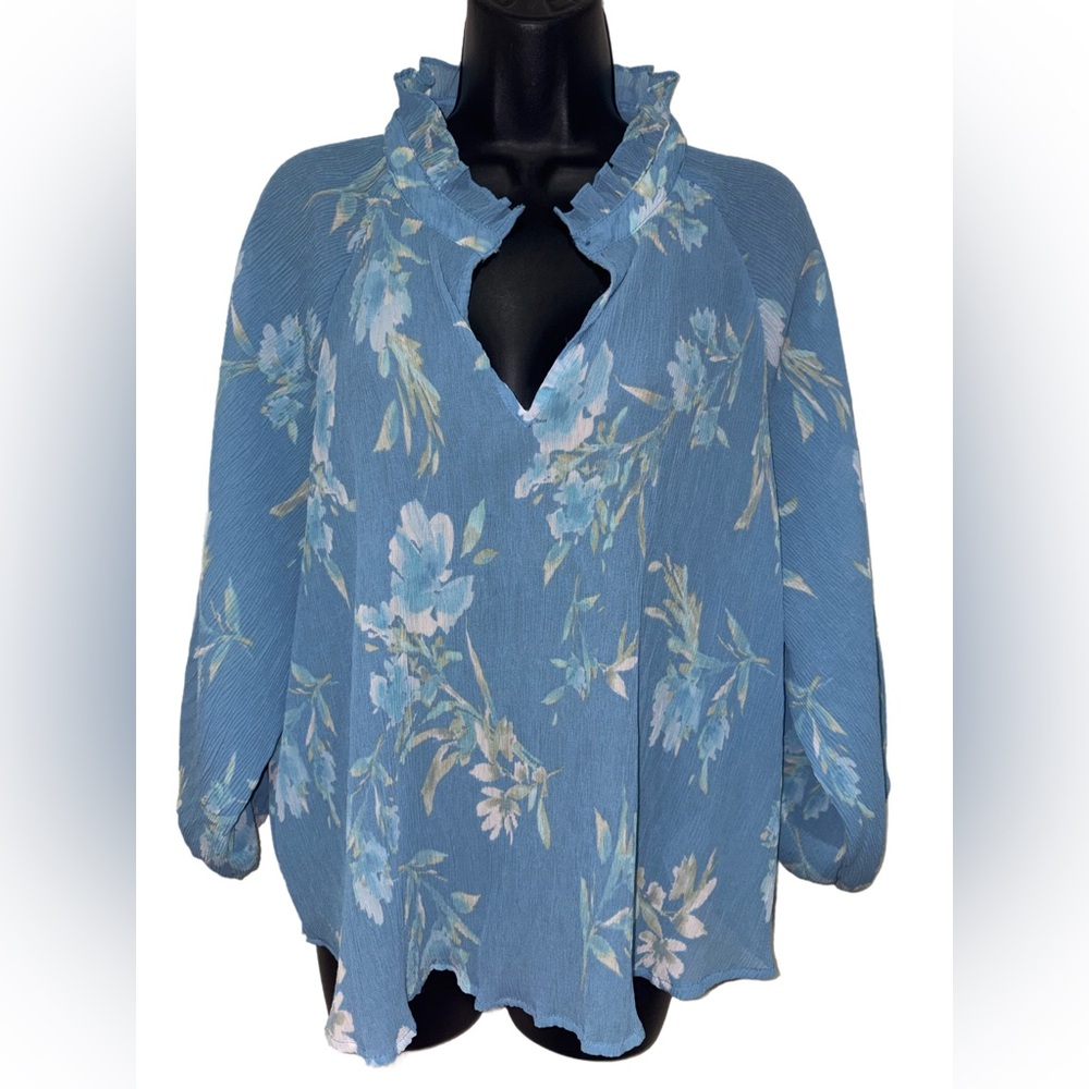 Beautiful Blue Floral Ruffle-Trim V-Neck Women's Top⭐️NWT⭐️